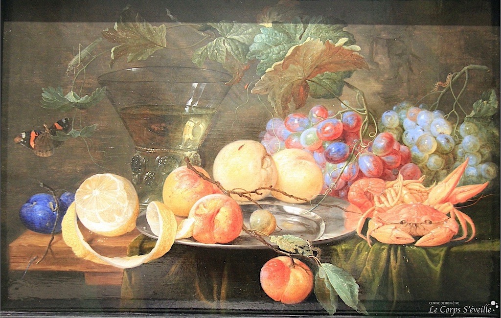 Peinture de Jan Van Kessel : Fruits et crustacés (1653). Musée des beaux-arts de Bordeaux.