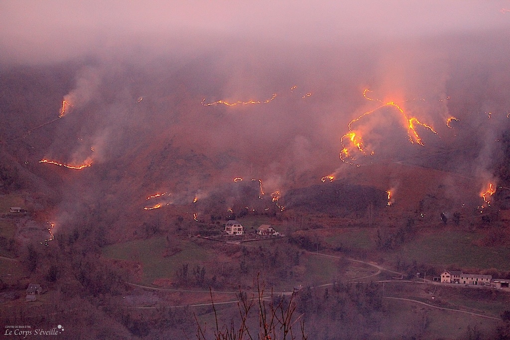 Écobuage ou brûlage pastoral au-dessus de Borce, Vallée d’Aspe, Béarn, Pyrénées Atlantiques.