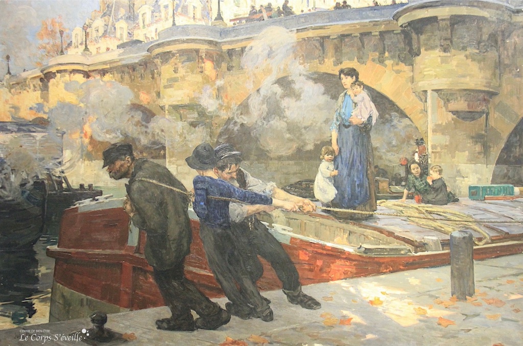 La machine à broyer. Détail d’une peinture de Jules Pagès : mariniers au Pont-Neuf. Beaux-arts de Pau.