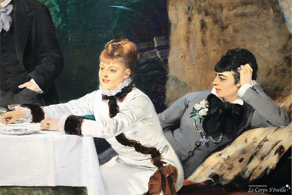 Le toucher au féminin. Détail d’une peinture de Louise Abbema. Musée des beaux-arts de Pau.