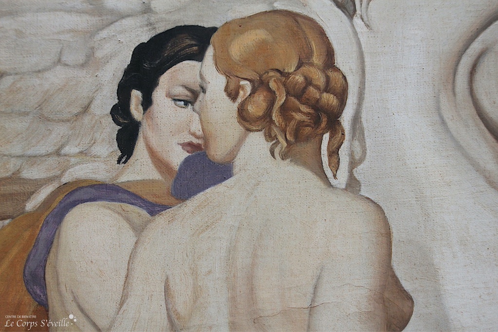 Le toucher au féminin. Détail d’une peinture d’Émile Aubry. Musée des beaux-arts de Pau.