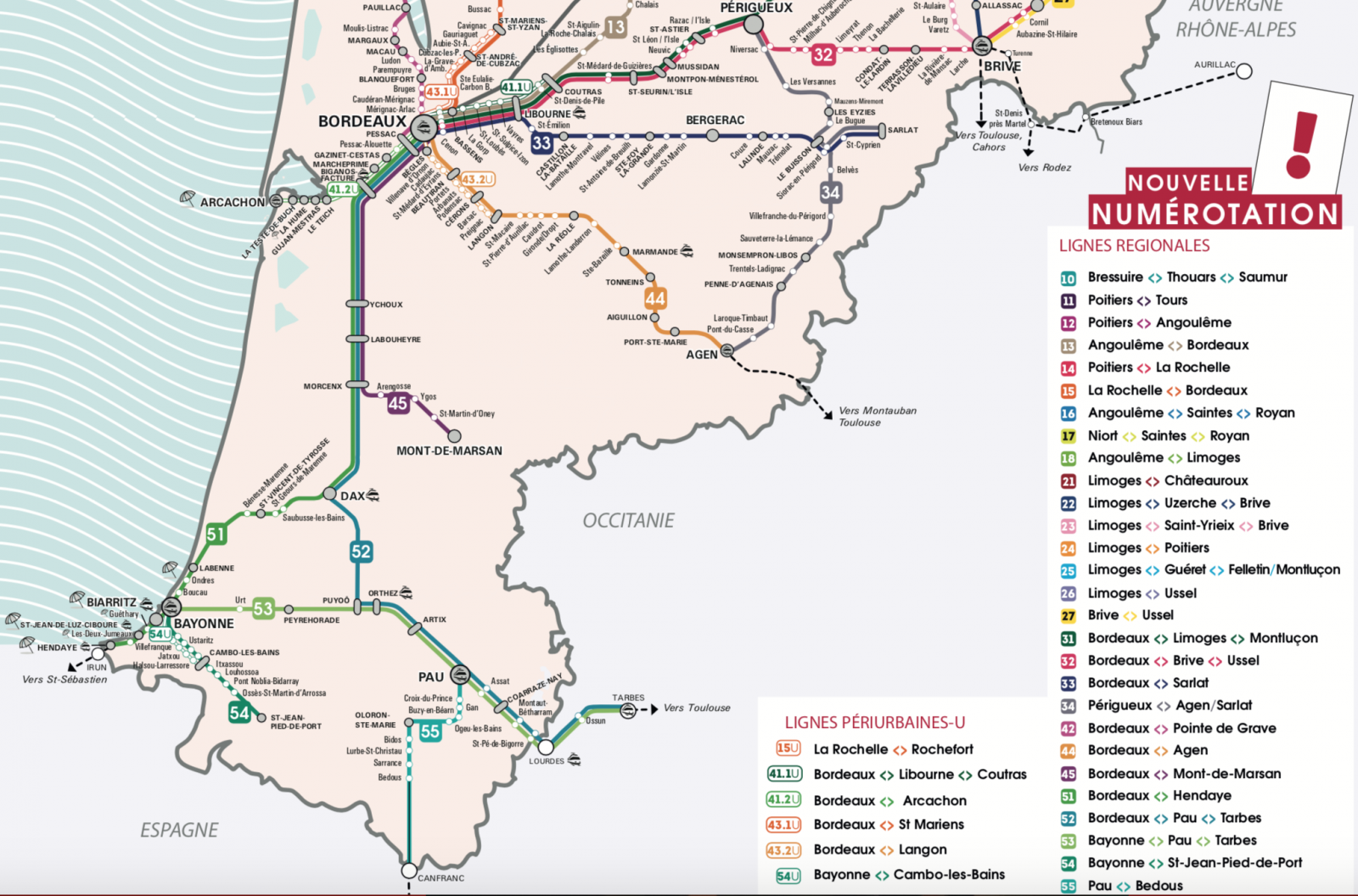 Carte des TER Sud Nouvelle Aquitaine jusqu’à Pau, Oloron-Sainte-Marie et Bedous.